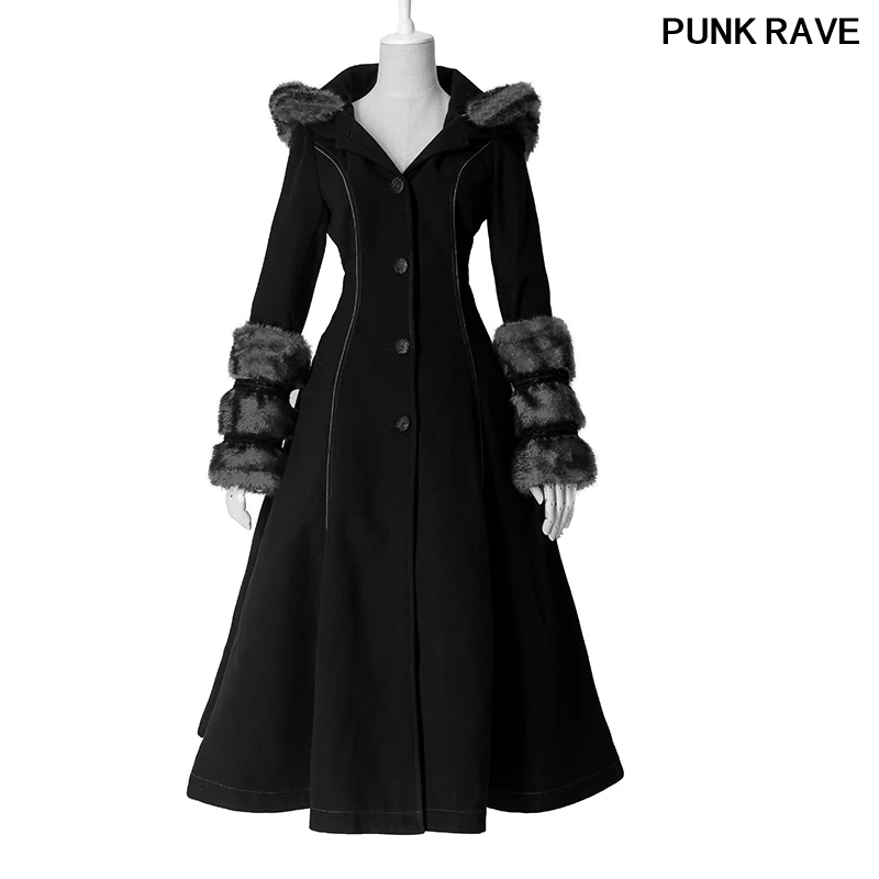 Gothic Hooded Lange Jassen Hoed Overjassen Fashion Lolita Vooruit Achteruit Twee-Wear Afneembare Bont Wollen Jas PUNK RAVE LY-036 Gothic Hooded Lange Jassen Hoed Overjassen Fashion Lolita Vooruit Achteruit Twee-Wear Afneembare Bont Wollen Jas PUNK RAVE LY-036