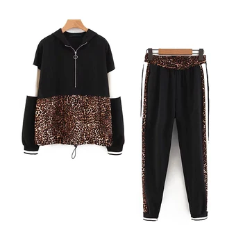 

Leopard Women Two Piece Set 2019 Spring-Autumn Vintage Ladies Patchwork Joggers Pullovers Set Chic Girls Striped Hoodies clothes