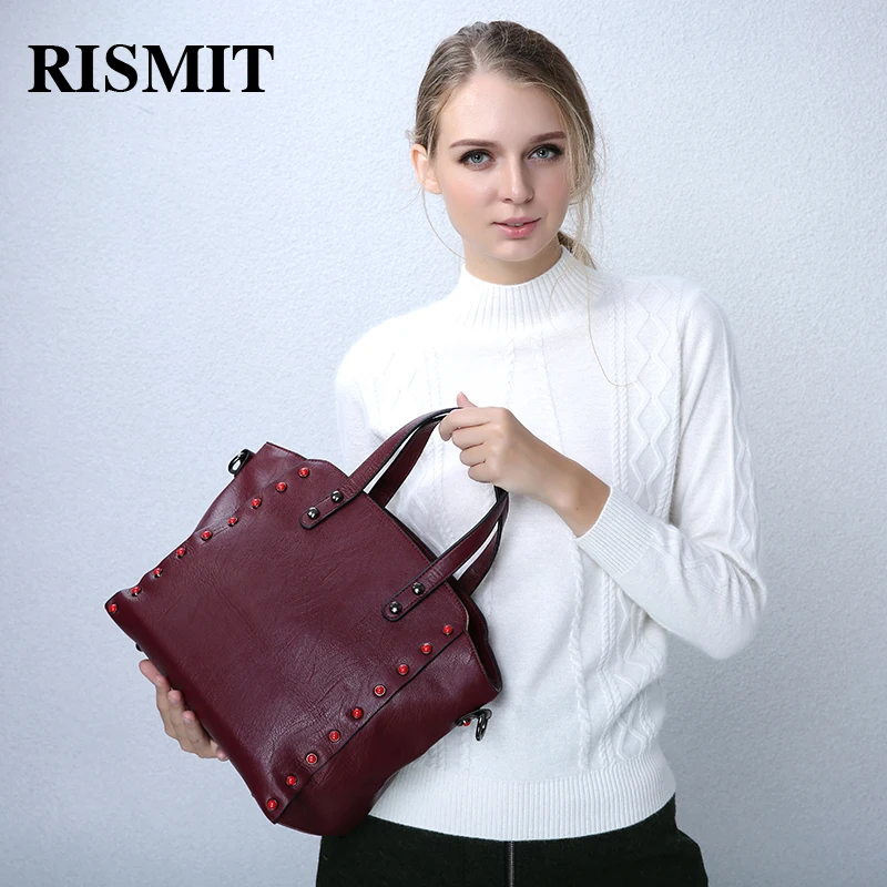 

RISMIT Woman Bag PU high capacity leisure solid color soft shoulder Woman Handbag Mobile phone documents