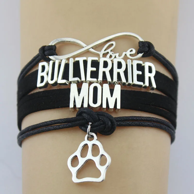 

New Fashion Women Men Elegant Antique Silver Pet Dog Paw Infinity Love Bullterrier Mom Black Leather Charm Bracelets Party Gift