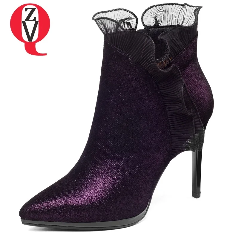 

ZVQ 2018 new winter genuine leather super high thin heels platform ankle boots pointed toe blue purple ruffles zip women shoes