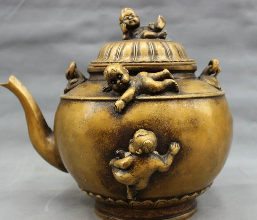 

fast shipping USPS to USA S1553 12" Chinese Bronze Sculpture Folk Buddhism Children Kid Statue Wine Pot Teapot