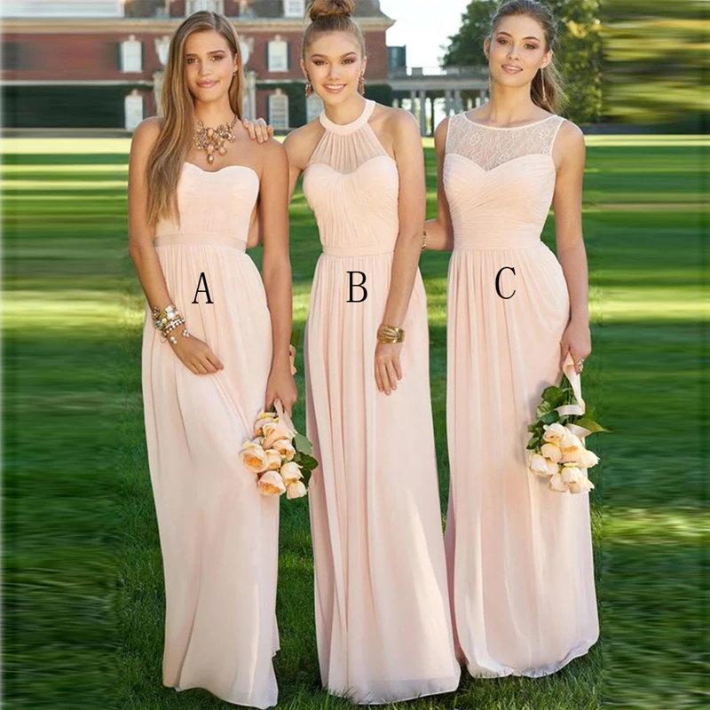 Elegant Long Light Pink Bridesmaid Dress 2017 Halter Pleat Chiffon
