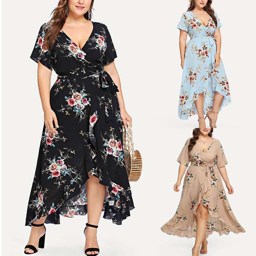 Plus Size Women Casual Short Sleeve V-Neck dresses woman party night Boho Flower Bohemian Party Maxi Dress Plus Size Women Casual Short Sleeve V-Neck dresses woman party night Boho Flower Bohemian Party Maxi Dress