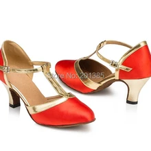 Для женщин красное сатиновое платье с Т-образным ремешком; с закрытым носком; туфли для бальных танцев сальса Стандартный латинский гладкая танцевальная обувь для танго Обувь для танцев