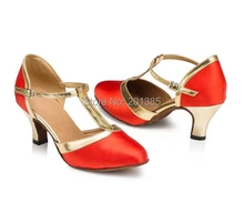 Free Shipping Wholesale Women Red Satin T-Straps Closed Toe Ballroom Salsa Latin Standard Smooth Dance Shoes Tango Dance Shoes