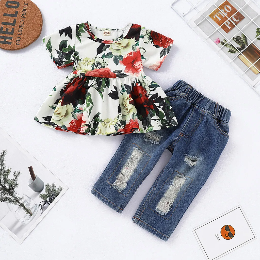 baby summer clothes Girls Floral Crop Tops+Hole Denim Pants Jean Toddler children clothes Sets summer girl Dropshipping #ZA20