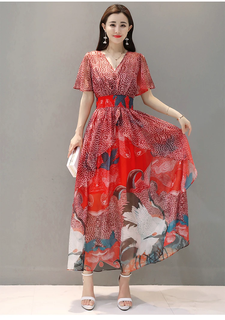 Богемное шифоновое платье макси для женщин, летнее платье с неровной строчкой, длинное пляжное платье с v-образным вырезом и эластичной талией, вечерние платья