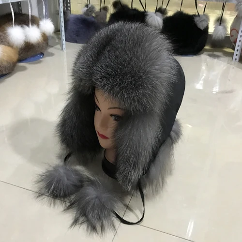 gray Натуральный Лисий Мех бомбер теплые зимние шапки женские пушистые меховые наушники из натурального Лисьего меха Роскошные качественные русские Женские шапки из натурального Лисьего меха - Цвет: gray