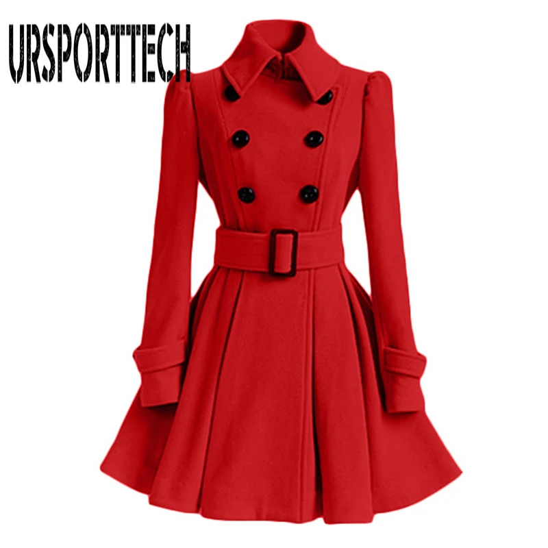 2017 Winter Coat Women Woolen Jacket with Belt Autumn Slim Double Breasted Overcoat Red Black Winter Coats Outerwear for Women