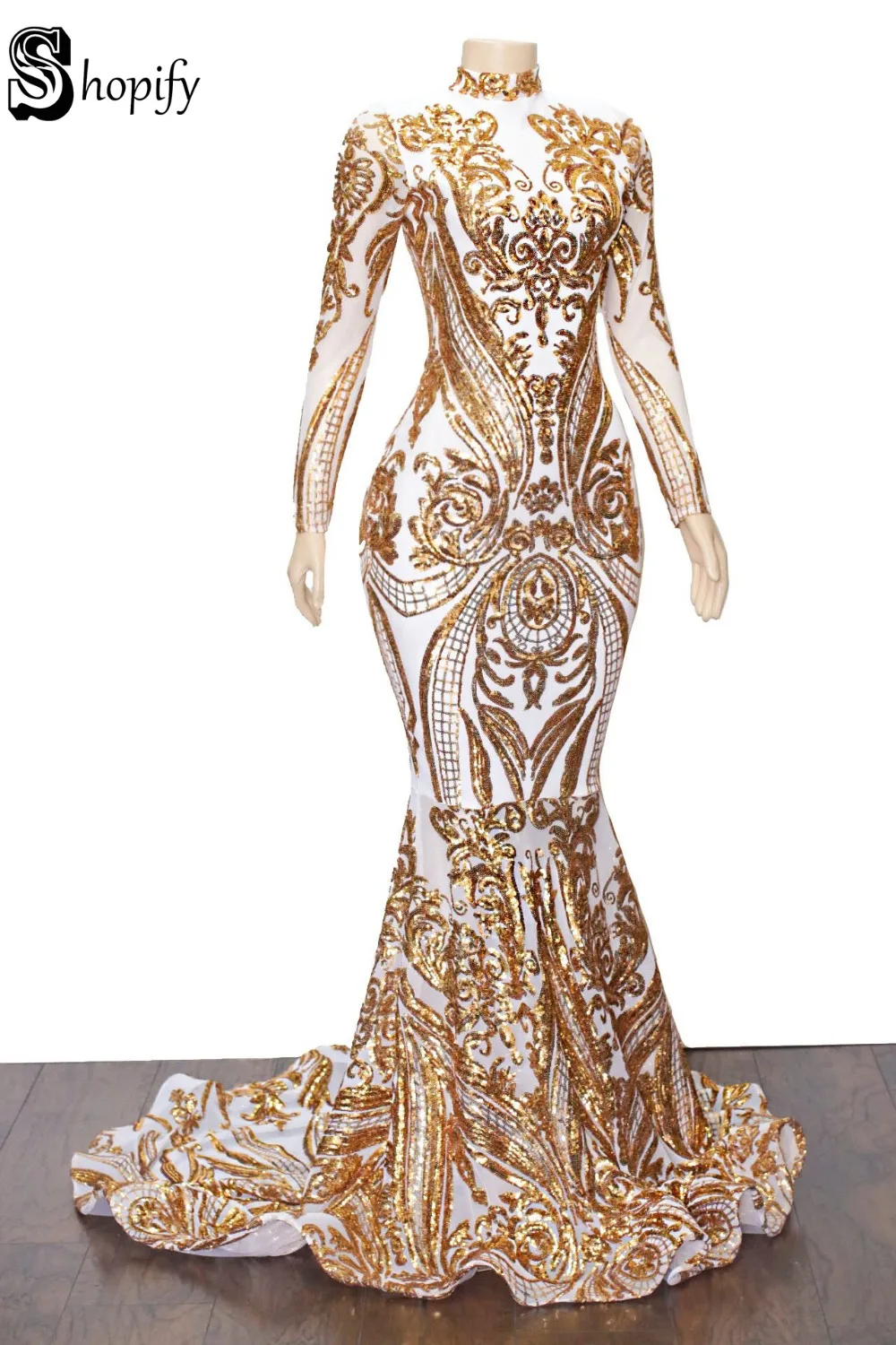 Элегантное Длинное розовое золото, с пайетками платье для выпускного вечера es с высоким воротом и длинными рукавами Сексуальная Русалка африканского черного белое нарядное платье для девочек