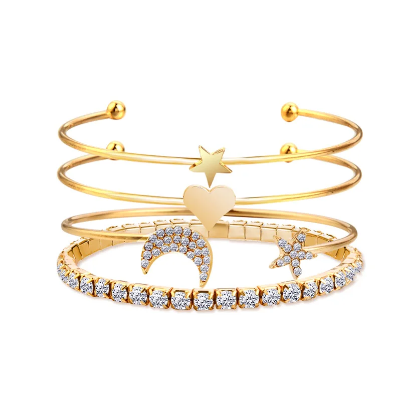 

4 Pcs/Set Gold Color Crystal Tennis Bracelet Arrow Moon Star Charm Cuff Bracelets Bangles for Women Gold Statement Braclets Set