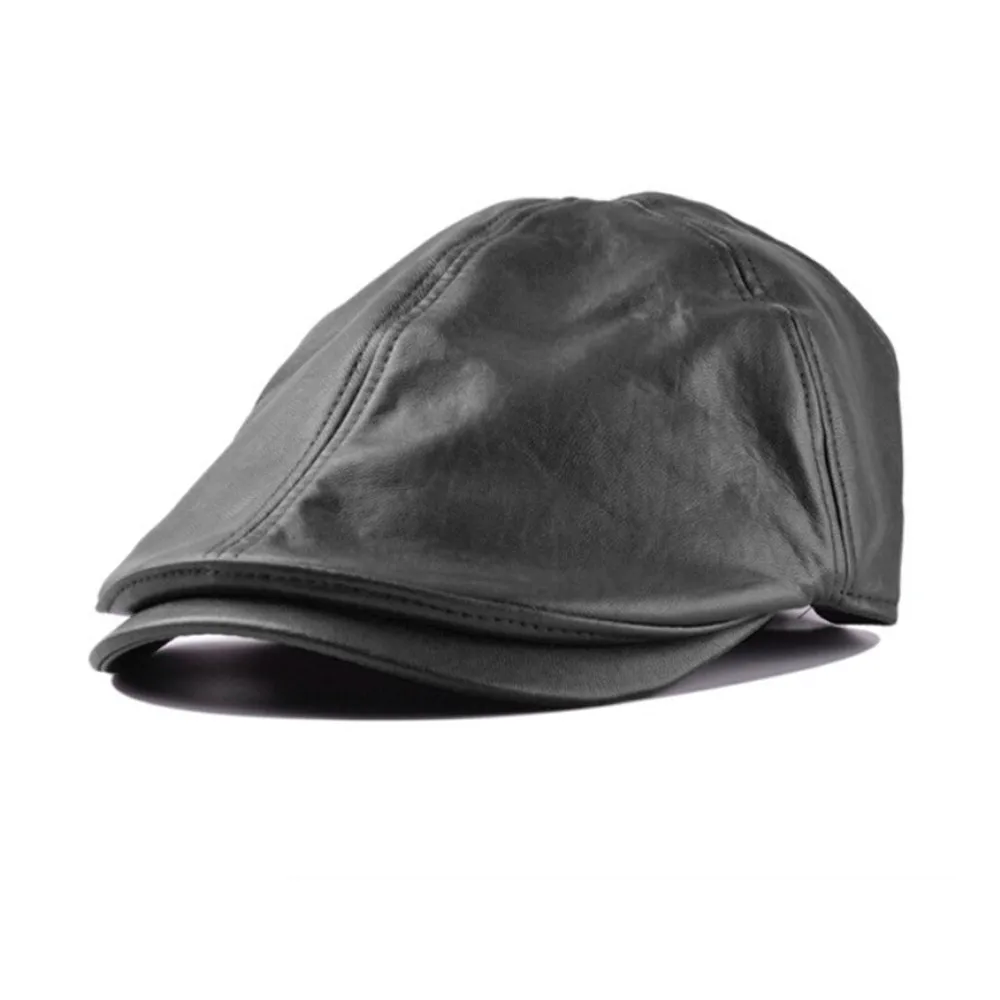 

Flat Caps Men Real Leather Duckbill Hats Berets Earflaps Black Casual Directors Cap Male Vintage Winter Driving Caps #F