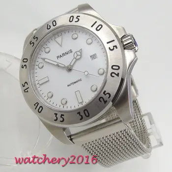 

New 43mm Parnis white dial date adjust stainless steel luminous markers automatic movement Men's Watch
