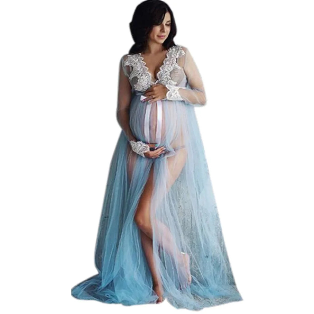 3 цвета, платья для беременных, кормящих грудью, для фотосессии, с длинным рукавом, для беременных, кормящих, сексуальная одежда для беременных женщин - Цвет: Синий