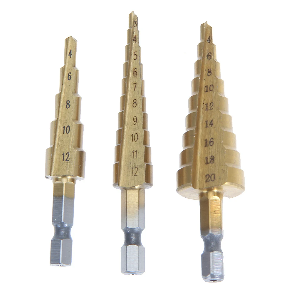 3pcs Titanium Step Drill Bits Set 3 12mm 4 12mm 4 20mm HSS Power Tools