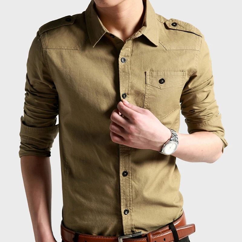 Military Style Mens Shirt Long Sleeve Shirts with Epaulets Cotton Army ...