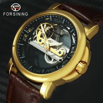 

Top Brand Luxury Golden Bridge Watch Men Transparent Dial Luminous Hands Genuine Leather FORSINING Auto Mechanical Wristwatch
