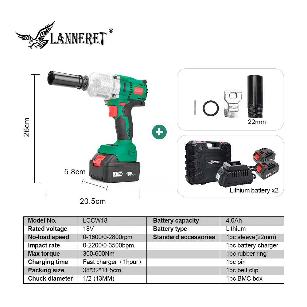  LANNERET 18V Brushless Cordless Impact Electric Wrench 300-600N.m Torque Household Car/SUV Wheel 1/