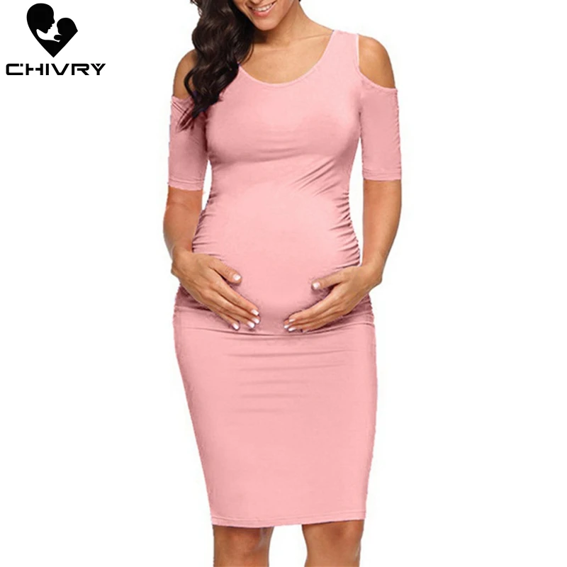 Chivry Nieuwe Moederschap Vrouwen Zwangerschap Jurken Mama Kleding O-hals Effen Sexy Off Shoulder Bodycon Zwangere Vrouwen Casual Jurk