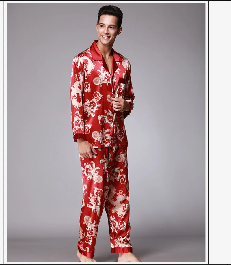 SSH004 High Quality Printed Wedding Mens Pajamas Satin Silk Nightgown Sleepwear Spring Autumn Male Full Sleeves Pants Pajama Set plus size silk pajamas