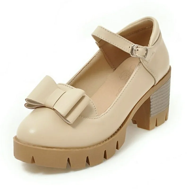 

DoraTasia sweet bowtie mary janes buckle chunky high heel shoes women fashion platform pumps campus casual girls shoes