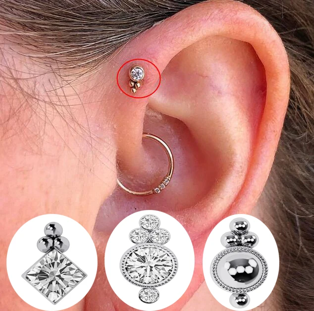

16G CZ Crystal with trinity balls stainless steel SCREW flat back Tragus/lip/cartilage/helix/Conch piercing