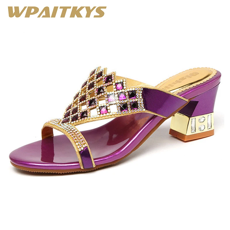 

Elegant Women Shoes Rhinestone Sandals Fashion Golden Purple Two Colors Available Crystal Leather Casual Shoes Women Wedding