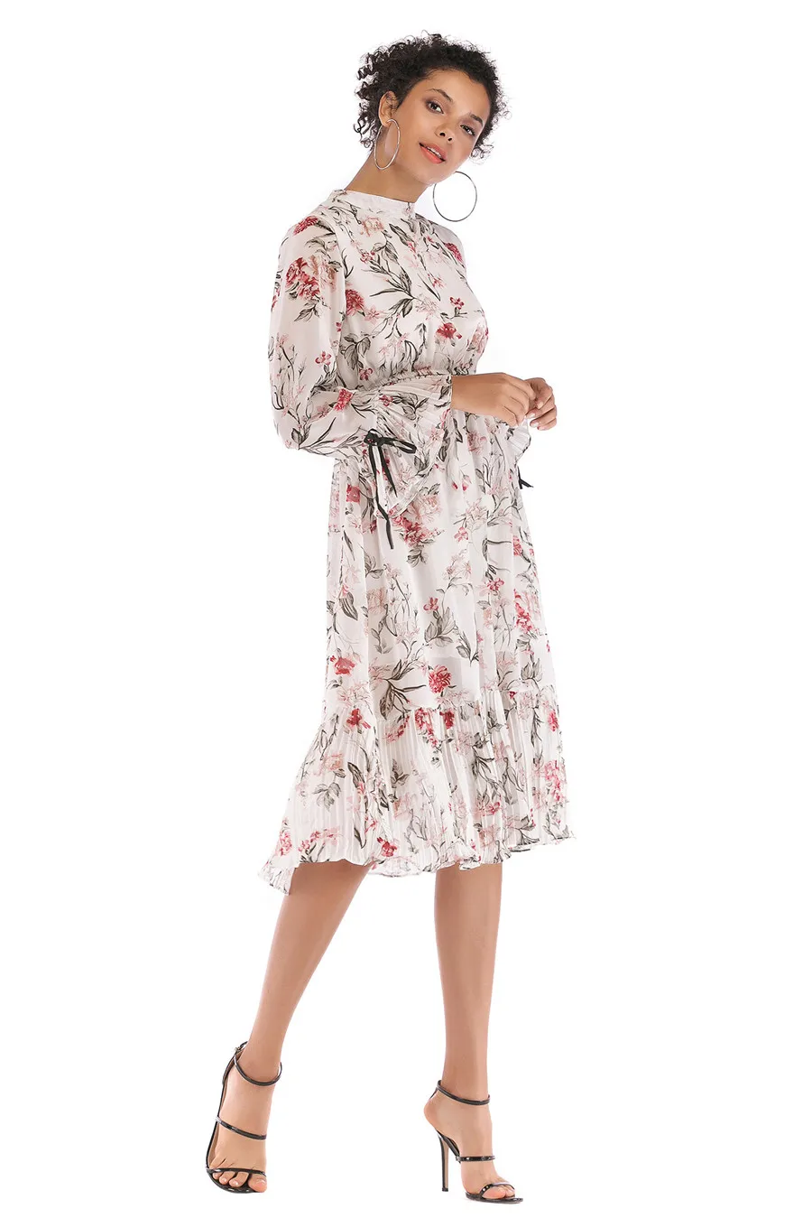 Gladiolus Floral Print Spring Autumn Women Dress 2019 O-Neck Lace Up Flare Sleeve Tunic Chiffon Dress Women Midi Party Dresses (25)