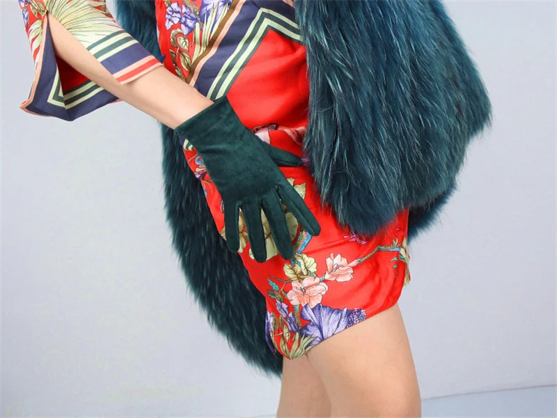 Модные женские замшевые перчатки 21 см короткие имитация кожи шлифовальная кожа замша матовая темно-зеленая JPSL21