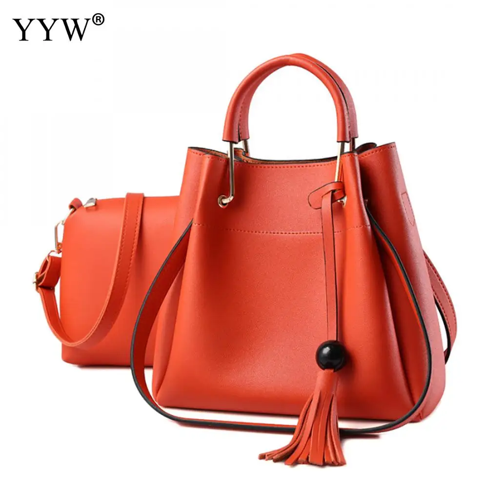 2 PCS/Set Solid Color PU Leather Handbags Women Bag Set Famous Brands Shoulder Bag Lady's Shoulder Crossbody Bags Top-handle Bag
