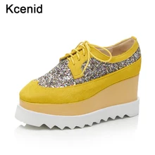 Kcenid Новинка года горячие конского волоса женская обувь на плоской подошве с квадратным носком сверкающие обувь с перфорацией типа «броги» на шнуровке женская обувь на плоской подошве на платформе обувь в стиле Дерби