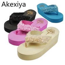 Akexiya 2017 Women Sandals handmade rose Flowers Wedges Summer Sandals Women platform Trifle Beach Flip Flops Women Shoes