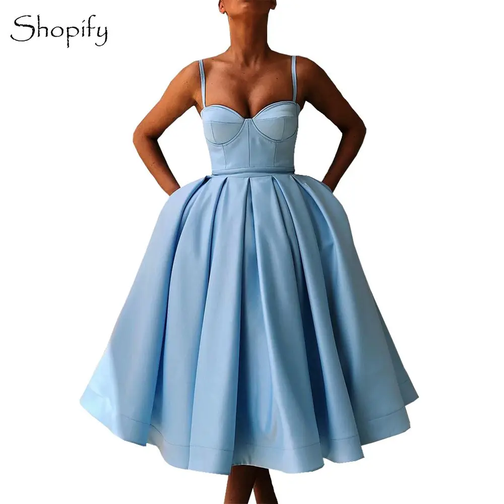 Simple Light Blue Short Evening Dress 2018 Sweetheart Spaghetti Strap