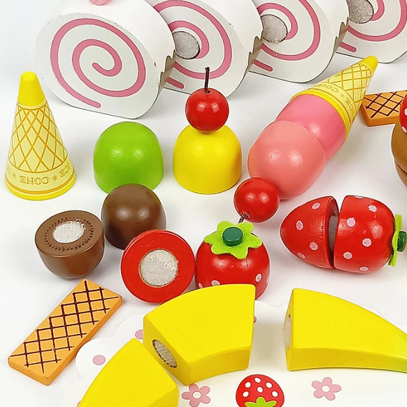  Hot  Pink Colour Wooden Toy Pretend Play Toy Simulation Magnetic Ice Cream Colourful Kitchen Food B - 4000021229631