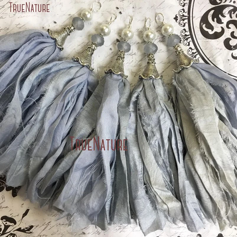 TPO14374-New Color Shimmering Soft Blue Tassel Tassels Handcrafted Tassel Pendant Sari Silk Tassel Bohemian Tassels Pendant Antique Silver Bead Cap