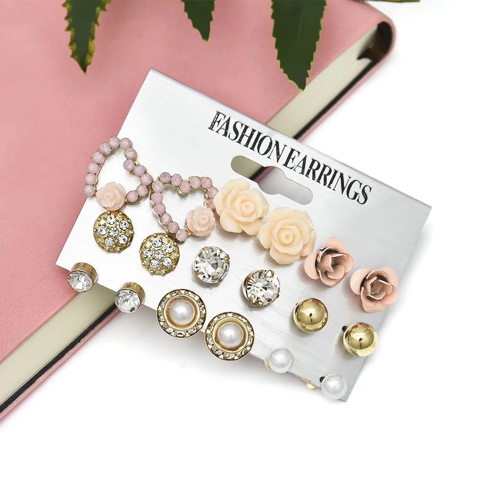 9 Pairs Korean Style Stud Earrings Sets Crystal Pearl Heart Flower Ear Studs Earrings for women