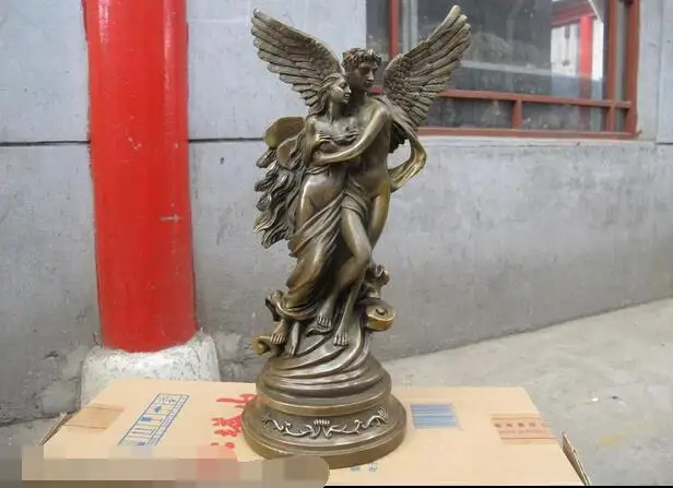 

free 19"Western Bronze Copper Love angel with wings Art Sculpture fast