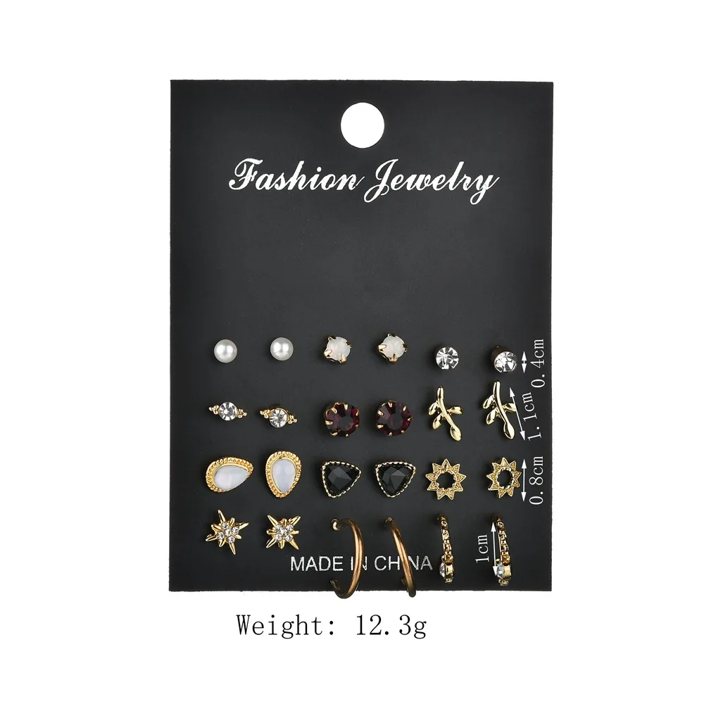 

SexeMara 12 Pairs/Set Unique Design Vintage Small Stud Earrings Set For Women Punk Alloy Leaves Star Earrings Jewelry
