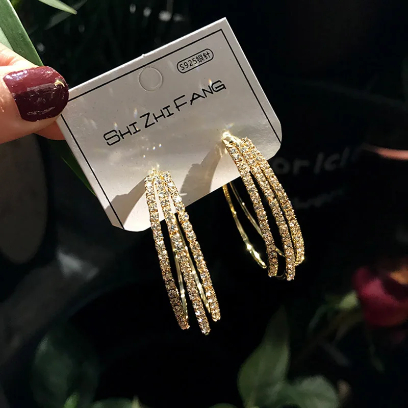 

S925 Needle Gold Silver Needle Multilayer Full Rhinestone Hoop Earrings For Women Fashion Statement Earring Party Jewelry