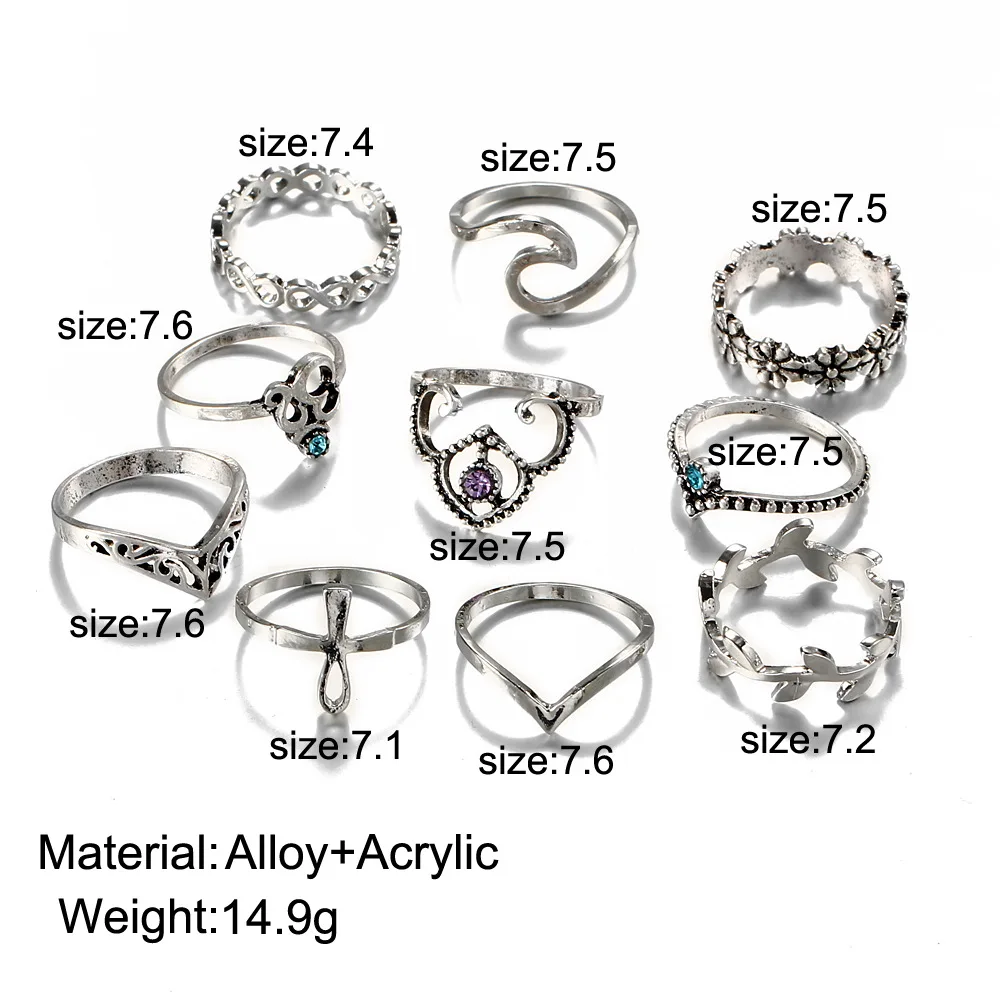 10PCS/SET Punk Vintage Nail Set Cross Silver Rings For Women Jewelry ZA fashion personality Ring bijoux wedding party bijoux