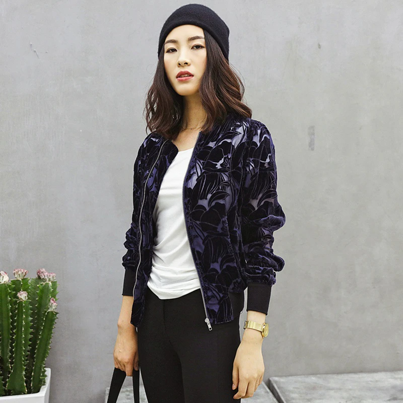 

Jacket Women 45% Silk Fabric Velvet Burning Flower Hollow Out Long Sleeves Casual Bomber Coat Fashion Style New Fashion 2018
