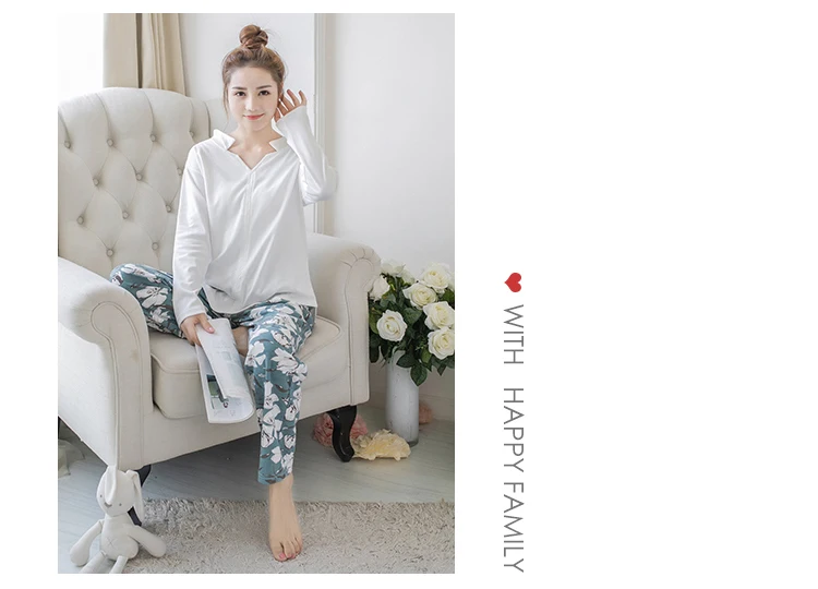 Мода v-образным вырезом Хлопковые пижамы для Для женщин 2018 осень длинный рукав пижама для девочек милый Pijama Mujer Lounge Домашняя одежда домашняя
