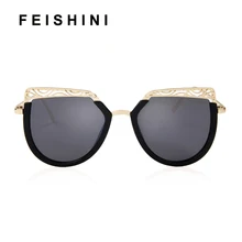 FEISHINI, protección UV, gafas de sol antirreflectantes con degradado de ojo de gato, gafas de sol para mujer, gafas de sol de champán de diseño calado de Metal, Vintage