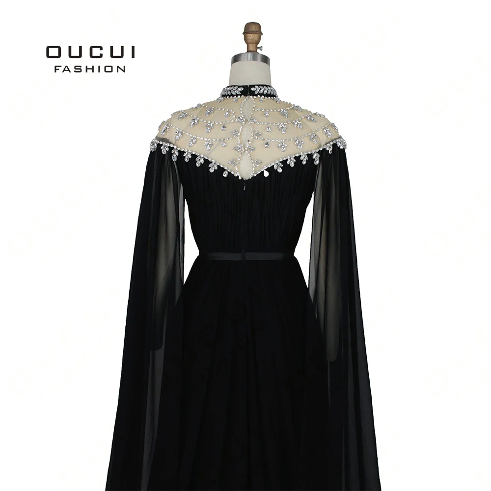Kaftan Abiye Black 2019 Evening Dresses Long Sleeves Cap Beading Crystal Chiffon Formal Dress Women Elegant Vestido OL103163 Kaftan Abiye Black 2019 Evening Dresses Long Sleeves Cap Beading Crystal Chiffon Formal Dress Women Elegant Vestido OL103163