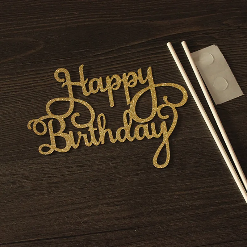 

Happy Birthday Cake Topper Cardboard&Hollow Gold Powder Letter Gold Silver Cake Top Flag Decoration For Birthday Party Supplies