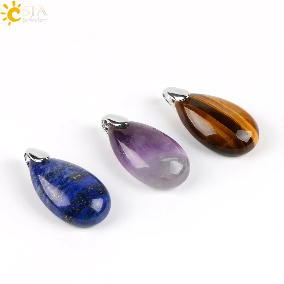 CSJA Natural Gem Stone Water Drop Necklaces Pendants Tiger Eye Lapis Lazuli Clear Crystal Opal Reiki Healing Jewellery Gift E526