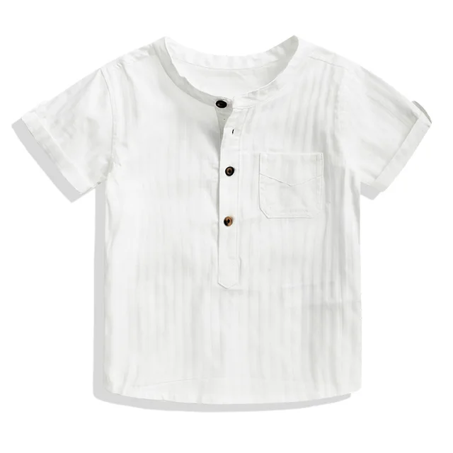 Summer Children Boys Cotton Shirt White Short Sleeve Mandarin Collar