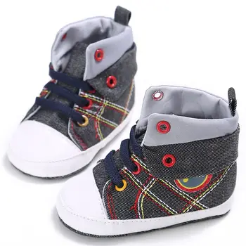 

High Lace-Up Spring Autumn Cartoon Grid Printed Anti-Slip Soft Sole First Walkers Canvas Flanging Baby Shoes