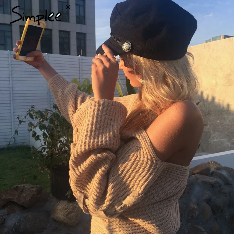 Simplee Fashion black hat cap women Casual streetwear rope flat cap Elegant solid autumn winter warm beret hat female 2017